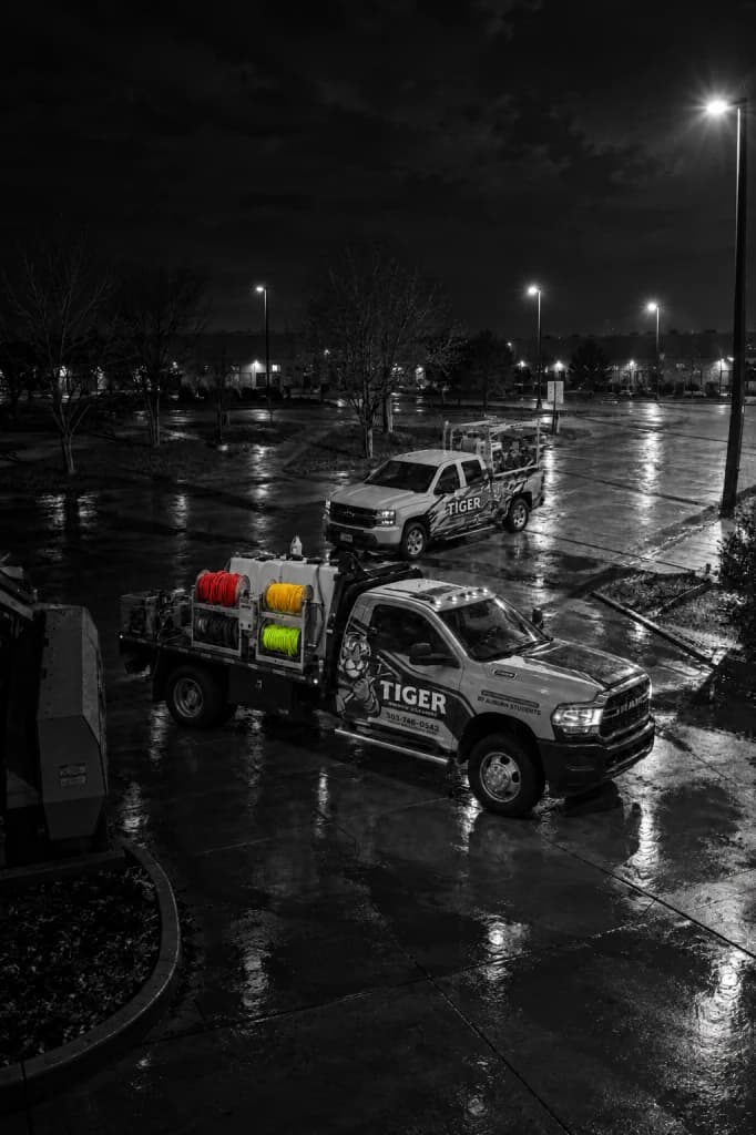 Two pressure washing trucks carrying skid rigs with hose reels, parked on a wet lot at night
