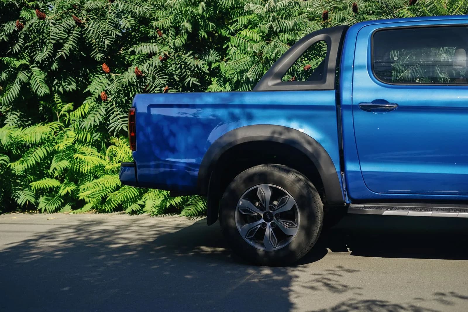 Blue pickup truck parked in front of greenery